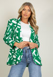 Green Geo Print Ruched Sleeve Open Blazer