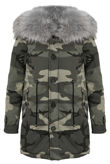 Grey Camouflage Parka Coat with Fur Hood