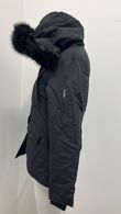 Black Quilted Jacket with Faux Fur Hood and Sleeve Zip Pocket