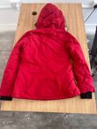 Red Quilted Jacket with Faux Fur Hood and Sleeve Zip Pocket