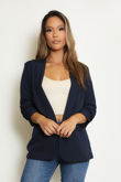 Navy Plain Ruched Sleeve Open Blazer