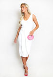 White V Neck Midi Dress With Tie Front