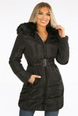 Black Faux Fur Belted Puffer Coat