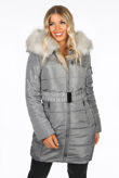 Grey Faux Fur Belted Puffer Coat