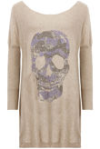 Beige Coloured Skull Detail Long Sleeve Baggy Jumper