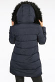 Navy Wrap Puffer Coat with Black Faux Fur Hood