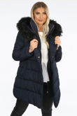 Navy Wrap Puffer Coat with Black Faux Fur Hood