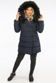 Navy Wrap Puffer Coat with Black Faux Fur Hood