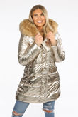 Gold Foil Puffer Coat with Faux Fur Hood