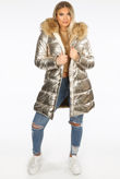 Gold Foil Puffer Coat with Faux Fur Hood