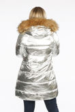Silver Foil Puffer Coat with Faux Fur Hood