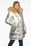 Silver Foil Puffer Coat with Faux Fur Hood
