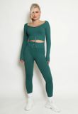 Green Ribbed Low Neck Top & Leggings Co-Ord 