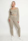 Taupe Ribbed Low Neck Top & Leggings Co-Ord 