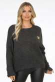  Grey Contrast Heart Embroidery Knitted Jumper
