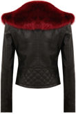 Black with Wine Detachable Faux Fur Collar Biker Jacket 