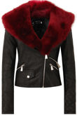 Black with Wine Detachable Faux Fur Collar Biker Jacket 