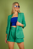Green Ruched Sleeve Blazer & Tailored Shorts Co-Ords