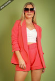 Coral Ruched Sleeve Open Blazer