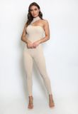 Beige High Neck Cut Out Ribbed Unitard