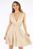 Beige Crossover Back Plunge Drape Dress