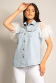 Mesh Sleeve Front Pocketed Denim Shacket 