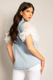 Mesh Sleeve Front Pocketed Denim Shacket 