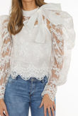 White Lace Mesh Knot Collar Blouse