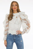 White Lace Mesh Knot Collar Blouse