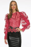 Fuchsia Lace Mesh Knot Collar Blouse