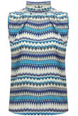 Blue Wavy Print Back Zip Detail Pleated Top