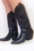 Black Pu Stitch Detail Western Cowboy Boots