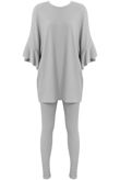 Grey Ribbed Frill Sleeved Top & Trouser Set