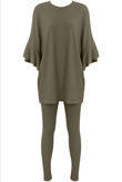 Khaki Ribbed Frill Sleeved Top & Trouser Set