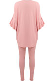 Pink Ribbed Frill Sleeved Top & Trouser Set