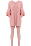 Pink Ribbed Frill Sleeved Top & Trouser Set