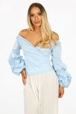 Bardot Puff Sleeve Blouse In Light Blue