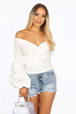 Bardot Puff Sleeve Blouse In White
