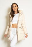 Beige Belted Long Puffer Jacket With Hidden Hood