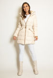 Beige Belted Long Puffer Jacket With Hidden Hood
