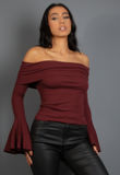 Wine Bardot Flute Sleeve Top
