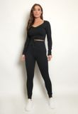 Black Ribbed Low Neck Top & Leggings Co-Ord 
