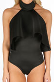 Black Neoprene Frill Halter Neck Bodysuit