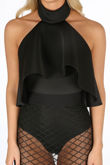 Black Neoprene Frill Halter Neck Bodysuit