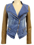 Denim Blue Zipped Pockets Camel PVC Arm Jacket
