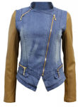 Denim Blue Zipped Pockets Camel PVC Arm Jacket
