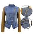Denim Blue Zipped Pockets Camel PVC Arm Jacket
