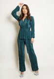 Green Belted Plisse V Neck Blouse And Trouser Set