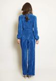 Royal Blue Belted Plisse V Neck Blouse And Trouser Set