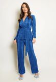 Royal Blue Belted Plisse V Neck Blouse And Trouser Set